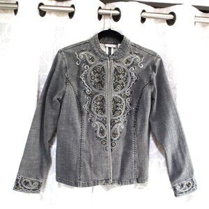 Chico's Denim Gray Jacket Embroidered Size 1 Medium